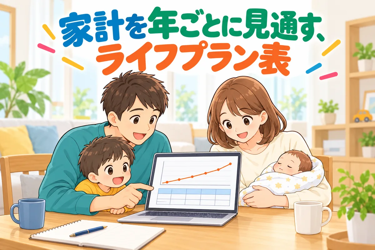 ノートパソコンのグラフを家族で見ているアニメ調の絵