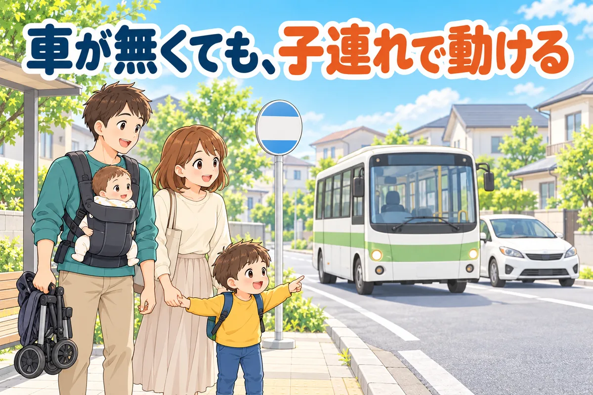 住宅街のバス停で、小さな循環バスを待つ家族のアニメ調の絵