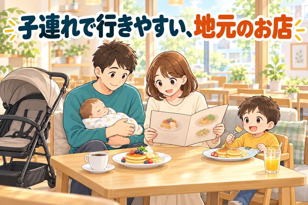 カフェのソファ席で、家族がパンケーキを食べているアニメ調の絵