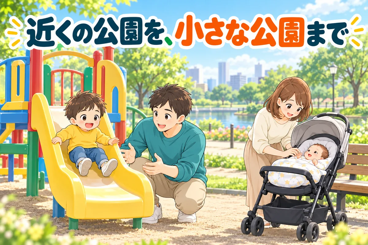 公園のすべり台で遊ぶ男の子と、見守るパパ、ベビーカーの赤ちゃんとママのアニメ調の絵