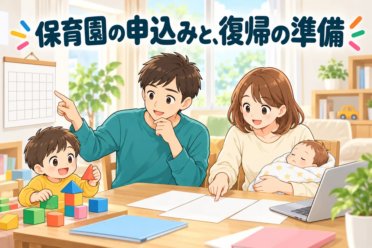 食卓で、パパとママが書類とカレンダーを見ながら保育園の申込みを相談し、男の子が積み木で遊んでいる絵