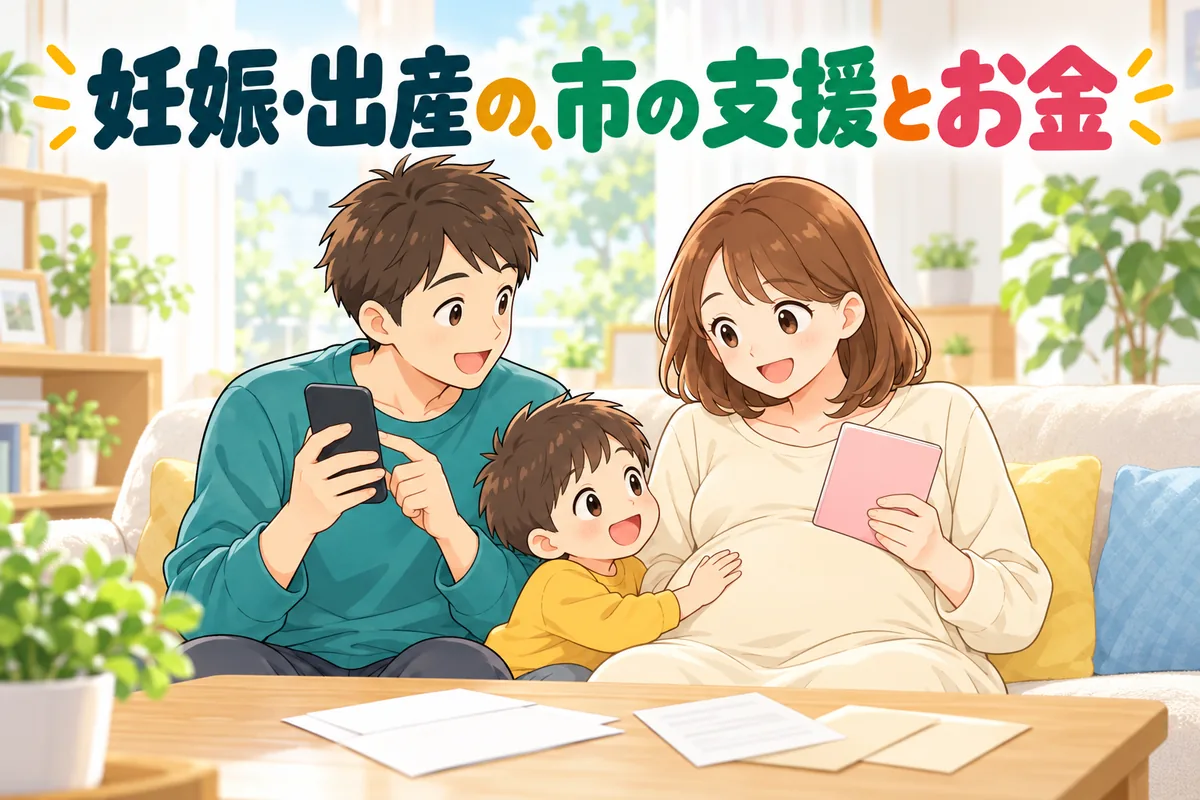 おなかの大きいママが母子手帳を持ち、パパがスマホを見て話しかけ、男の子がおなかに手を当てている絵