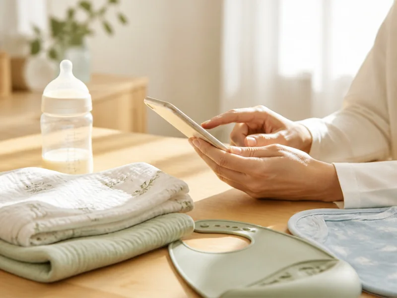 木のテーブルでスマートフォンを操作する手と、哺乳瓶・ガーゼ・スタイ（Canva で作ったイメージ）