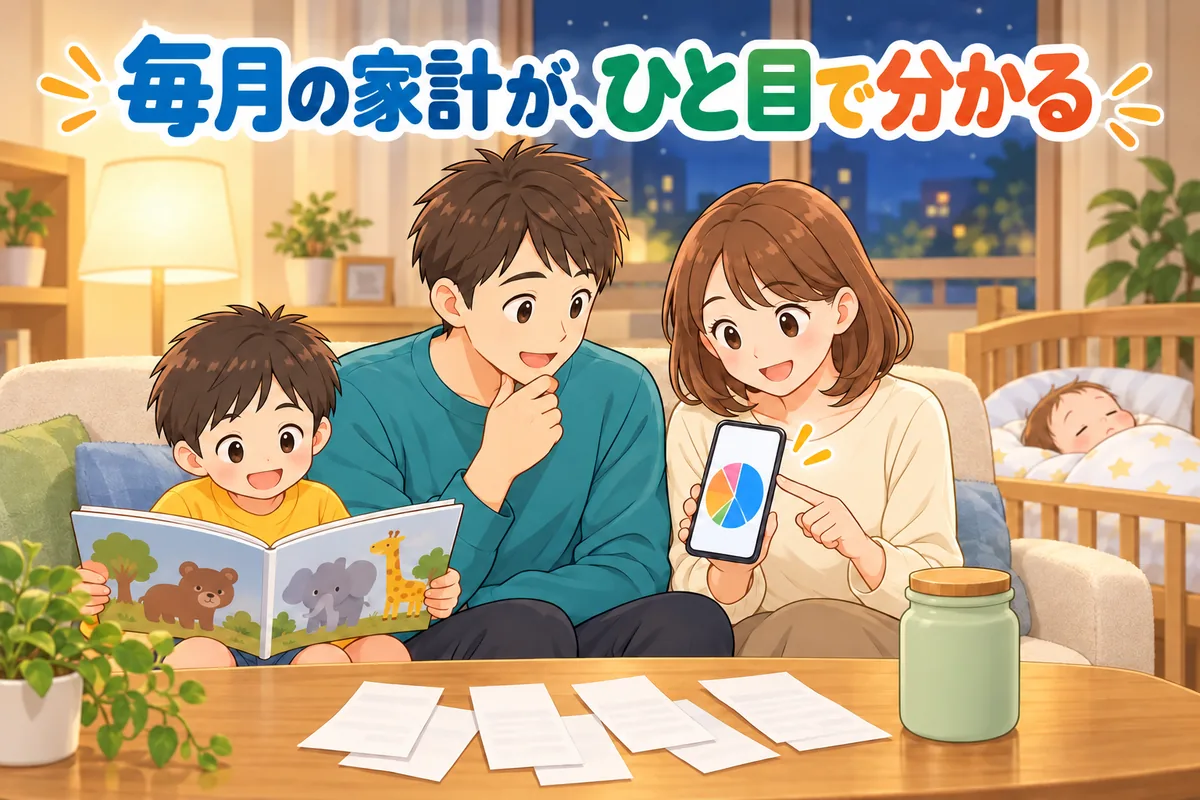 スマホの円グラフを家族で見ているアニメ調の絵