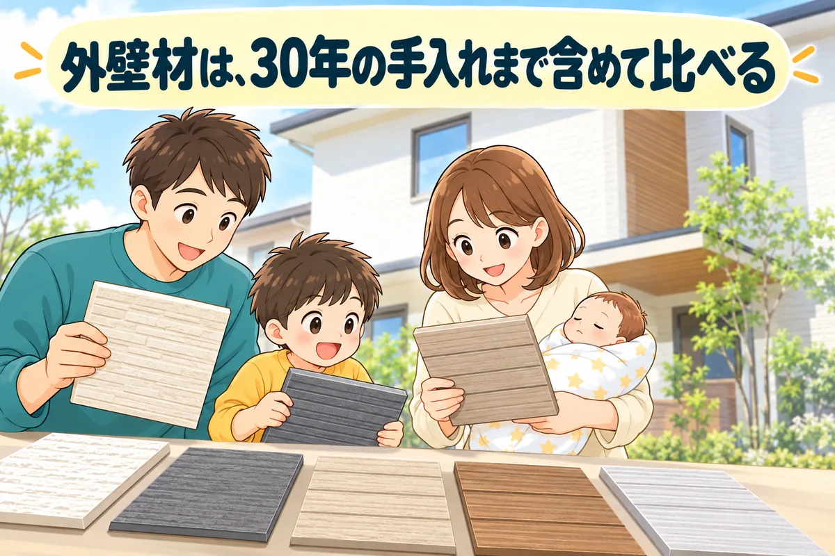 外壁材の見本の板を手に取って見比べる家族の絵