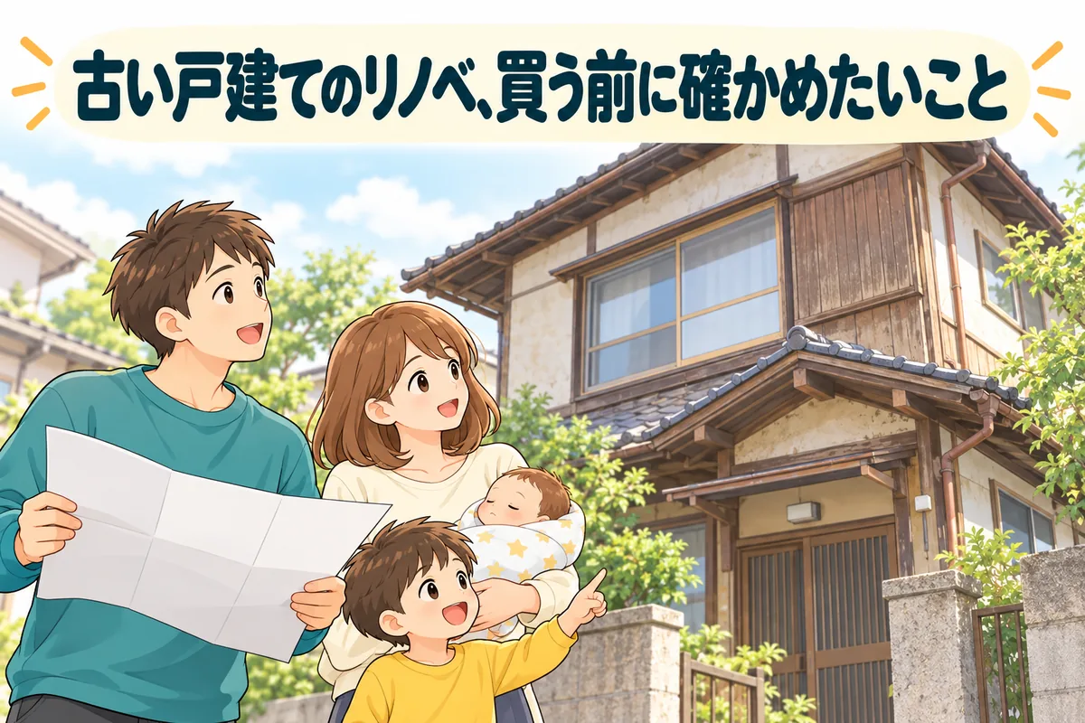 古い木造の戸建ての前で、図面を広げて家を見上げる家族の絵