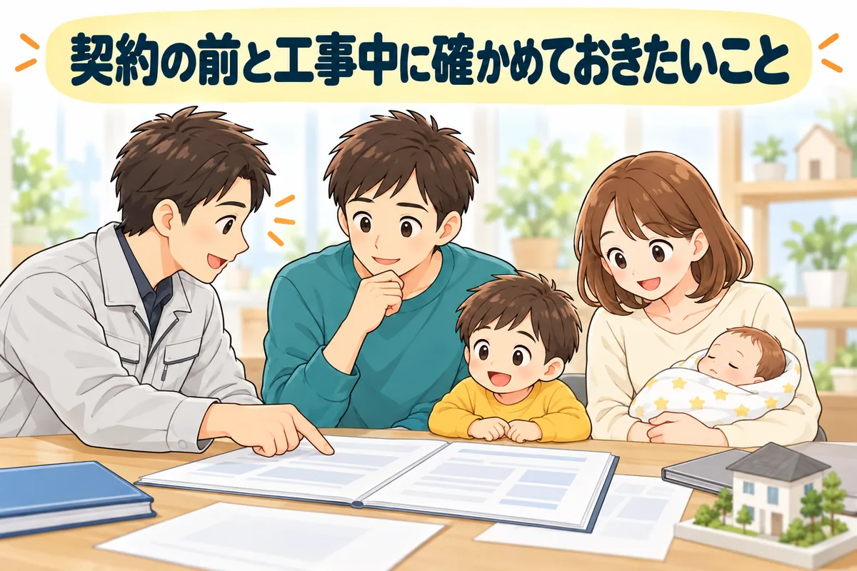 工務店の担当者と一緒に、見積書を指さして確かめる家族の絵