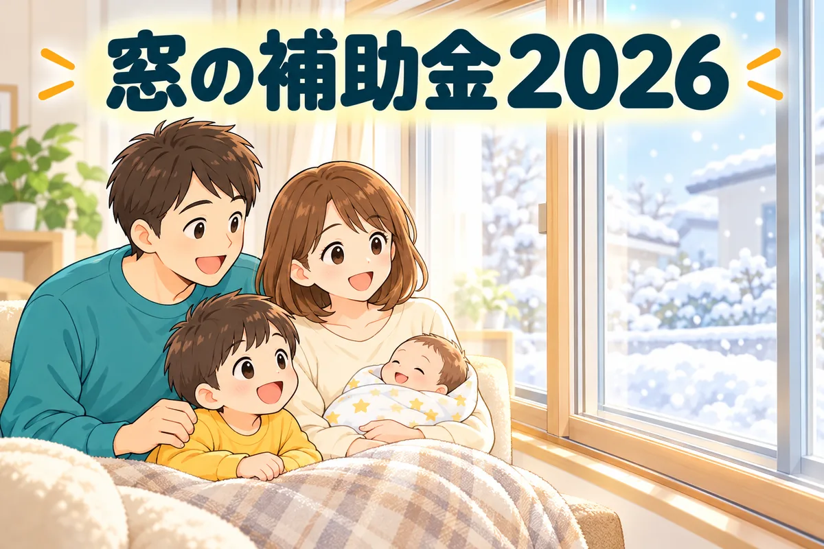 冬の朝、内窓を付けた窓の前であたたかく過ごす家族の絵