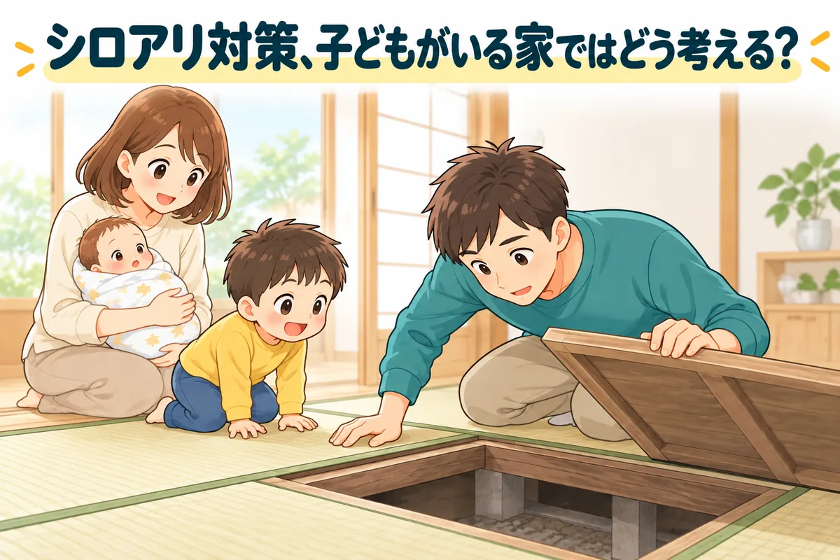 和室の床下点検口をのぞくパパと、少し離れて見るママと子どもの絵