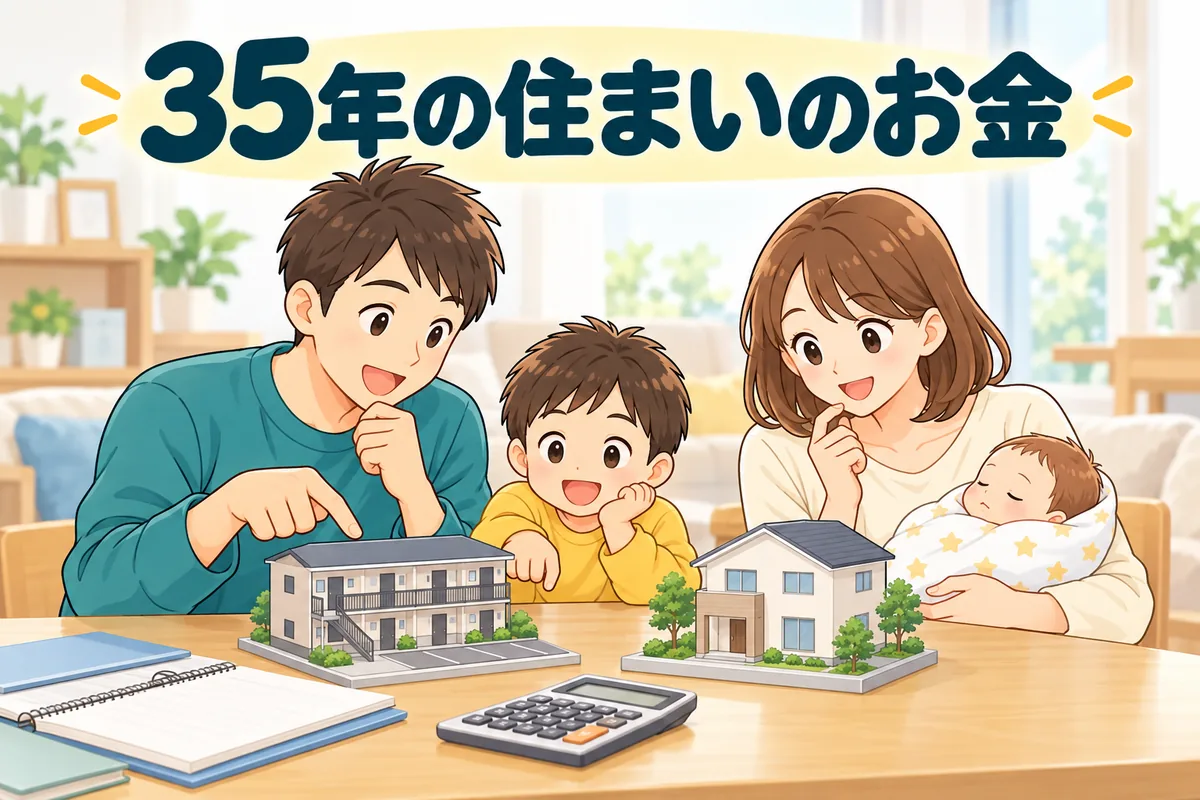 賃貸のアパートと戸建ての模型を見比べながら、35年の住まいのお金を話し合う家族の絵