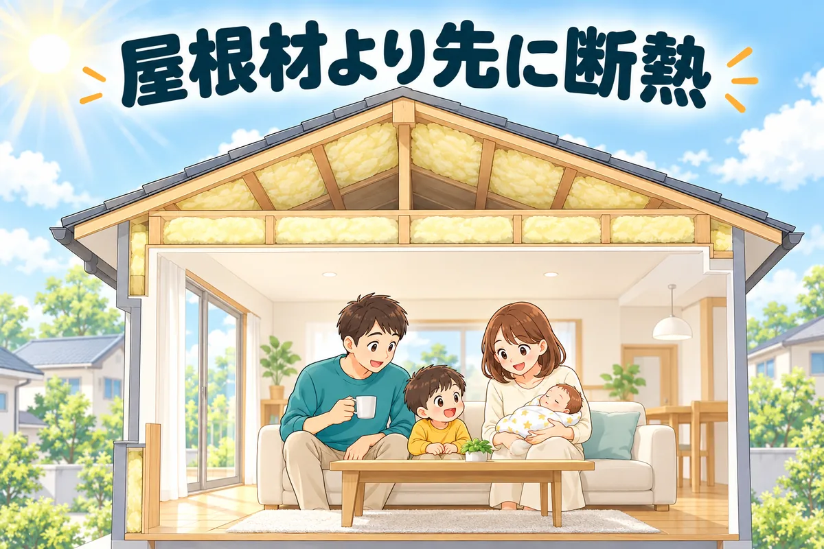 屋根と天井に断熱材が入った家の断面と、中で過ごす家族の絵